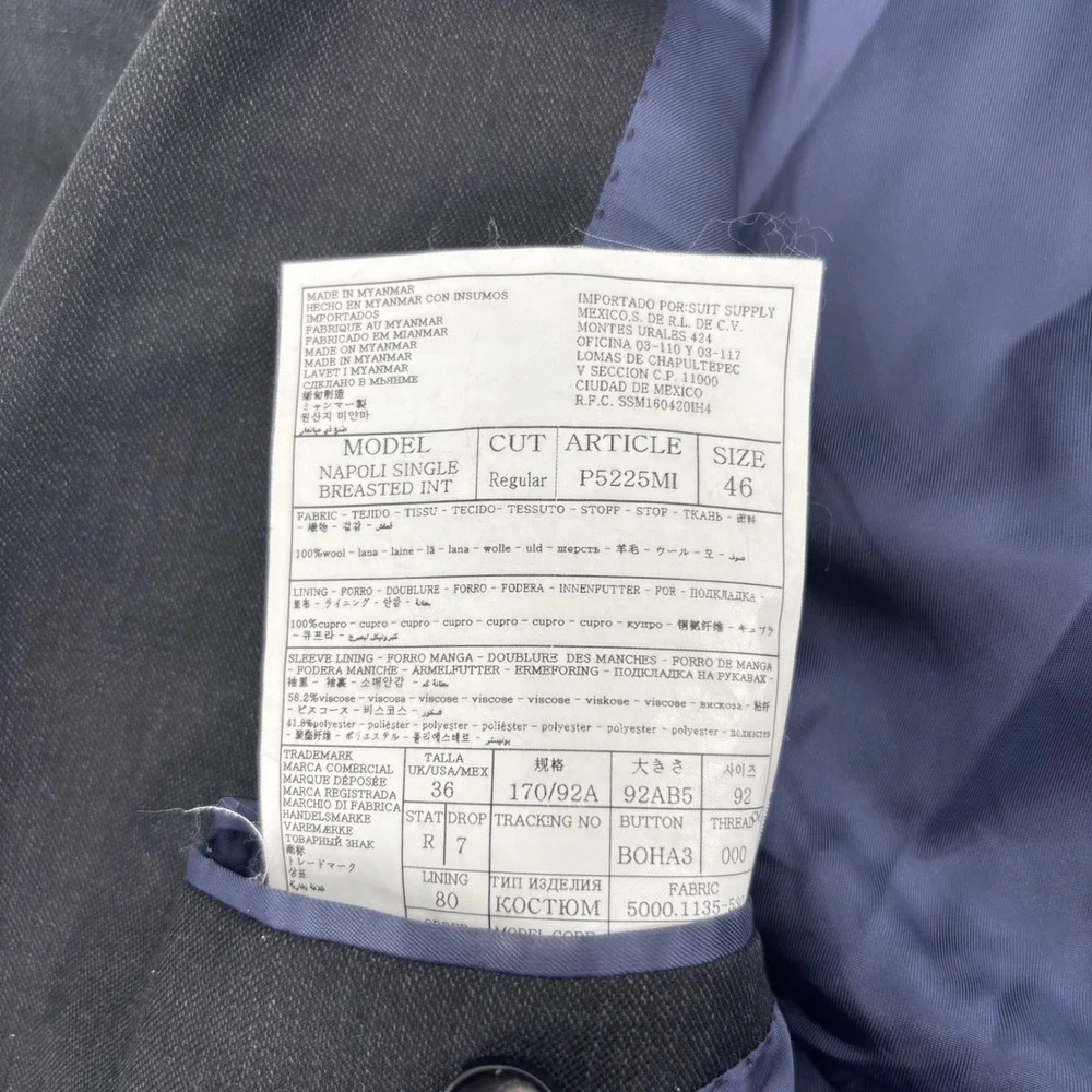 Suitsupply‎ Napoli Two Button Blazer Mens 36R Charcoal Zignone Wool Super 110s